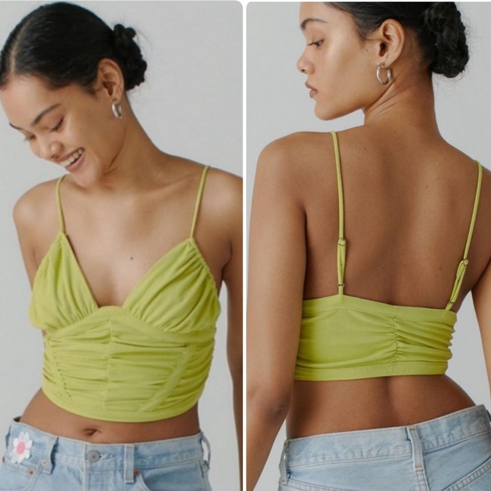 Urban Outfitters Angelina Ruched Corduroy Triangle Cami Corset Crop Top Lime XS